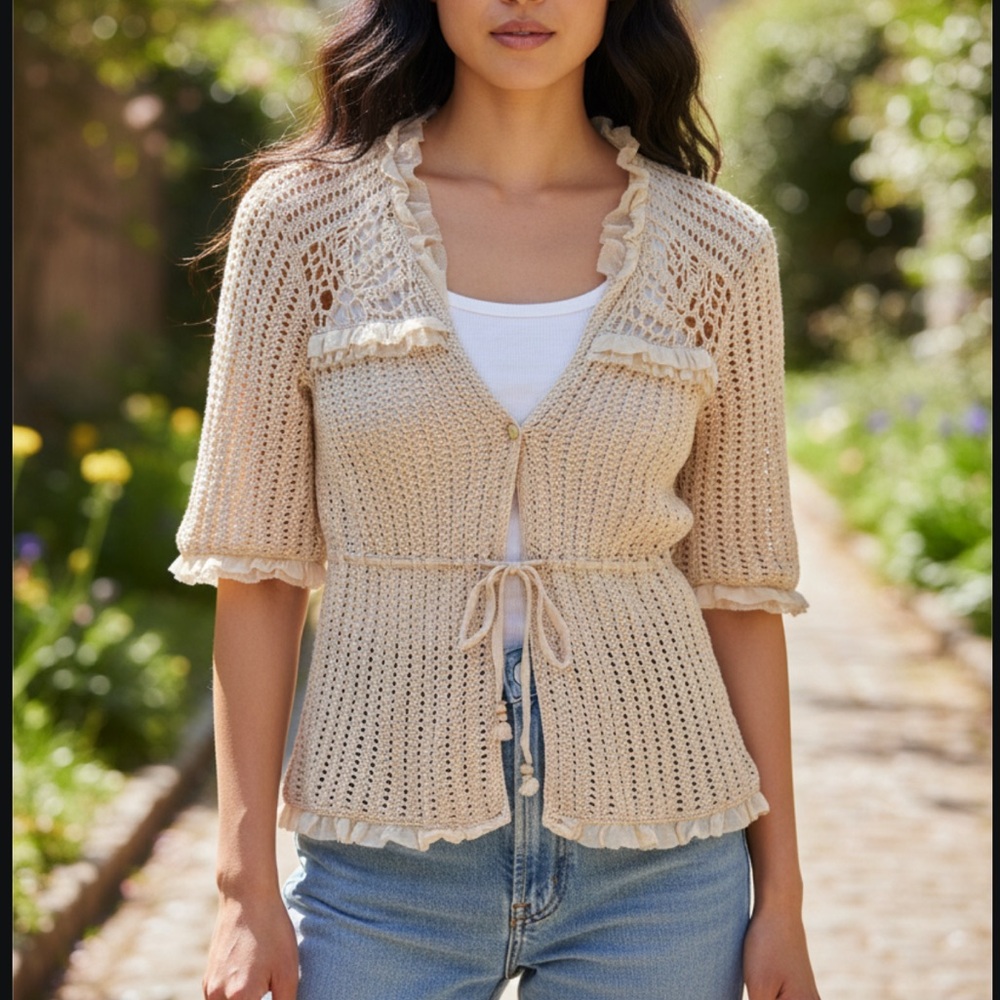 Vintage Y2K Crochet Babydoll Cardigan Sweater Size S